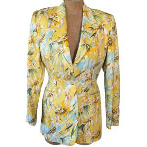 Cache Vintage Floral Bamboo Yellow Blazer EUC Size 4 Vibrant Hawaiian Tropical